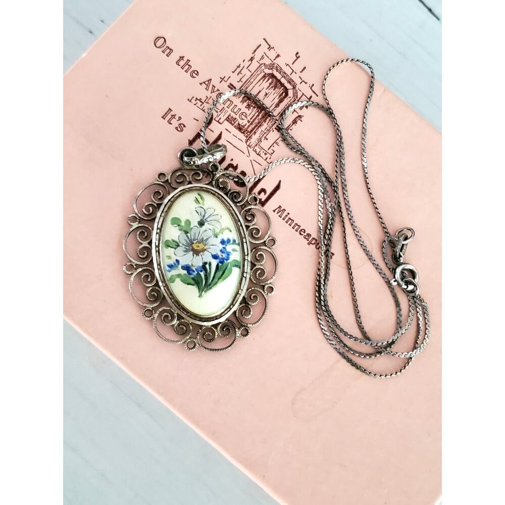 Vintage Sterling Silver Porcelain Floral Pendant Necklace